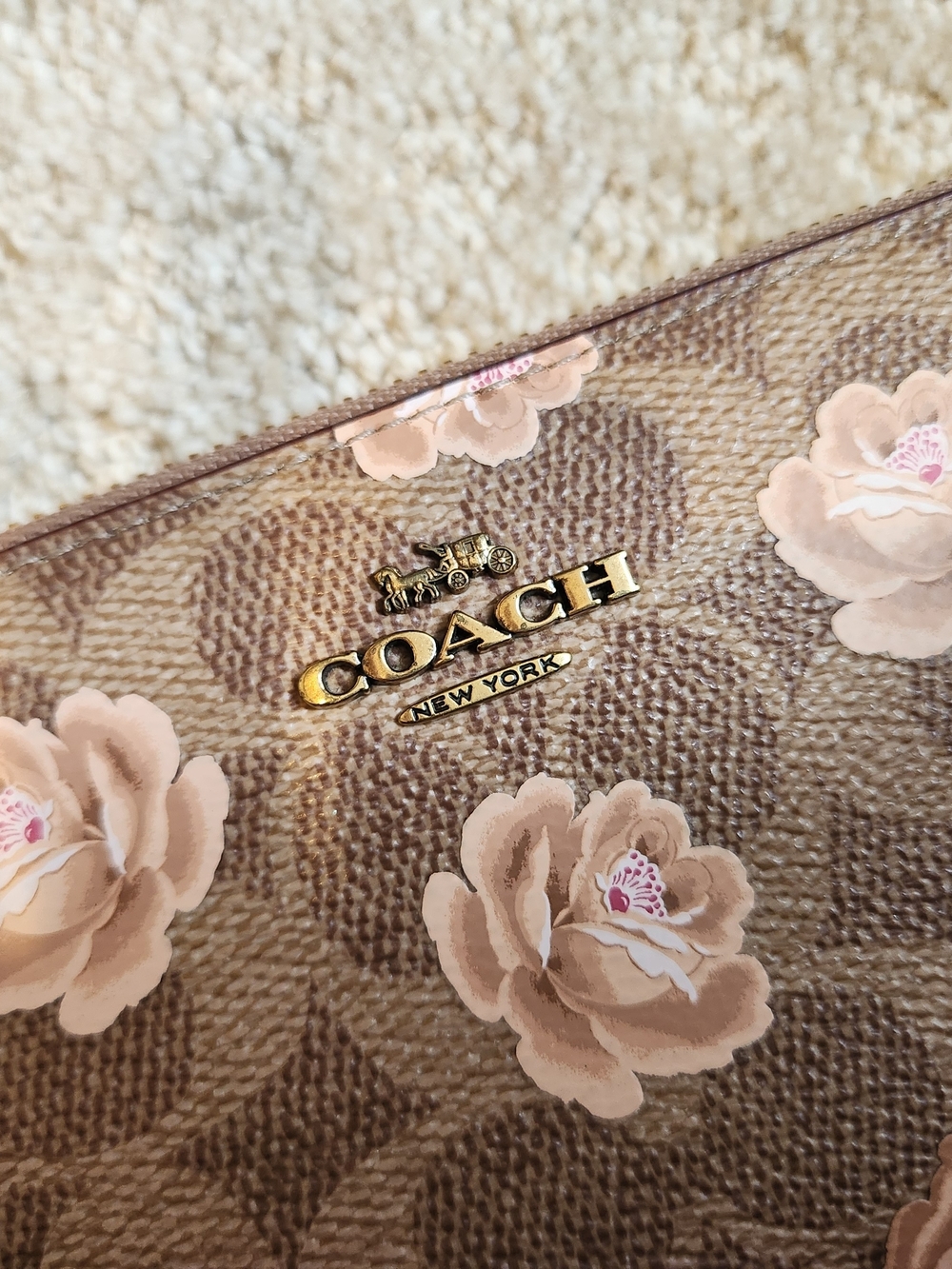 COACH Floral Signature Canvas Slim Wallet in Brown and Pink With Rose Design - Picture 2 of 5